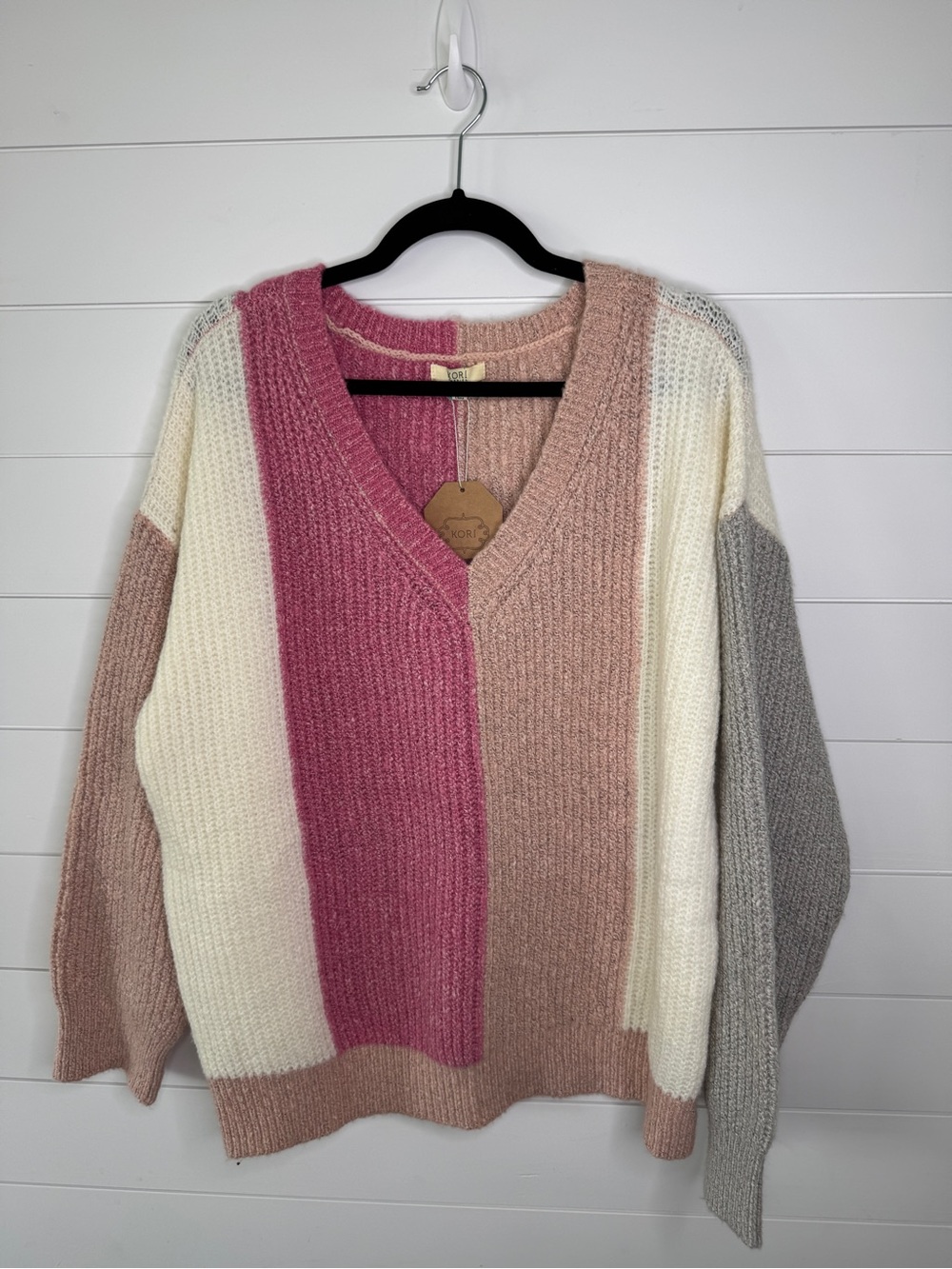 Kori Pink Colorblock V-Neck Sweater. Size medium.